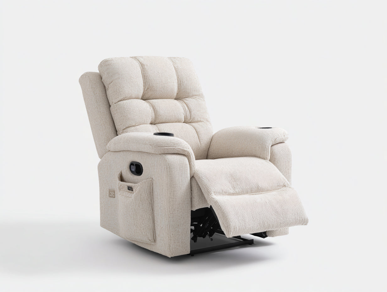Sillón reclinable eléctrico tapizado 95 x 100 x 105 cm - Beige - Reposapiés y portavasos integrados