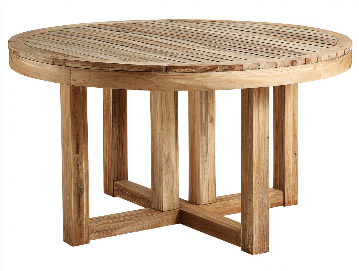 Mesas de jardín redonda de madera maciza 115x115x74 cm - Madera natural - Tablero de lamas y estructura reforzada para terraza y patio