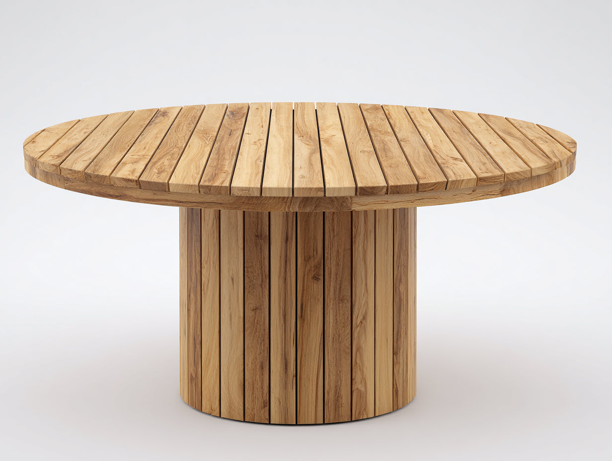 Mesas de jardín redondas de madera maciza 120 x 120 x 75 cm - Marrón claro - Base central cilíndrica con diseño de listones