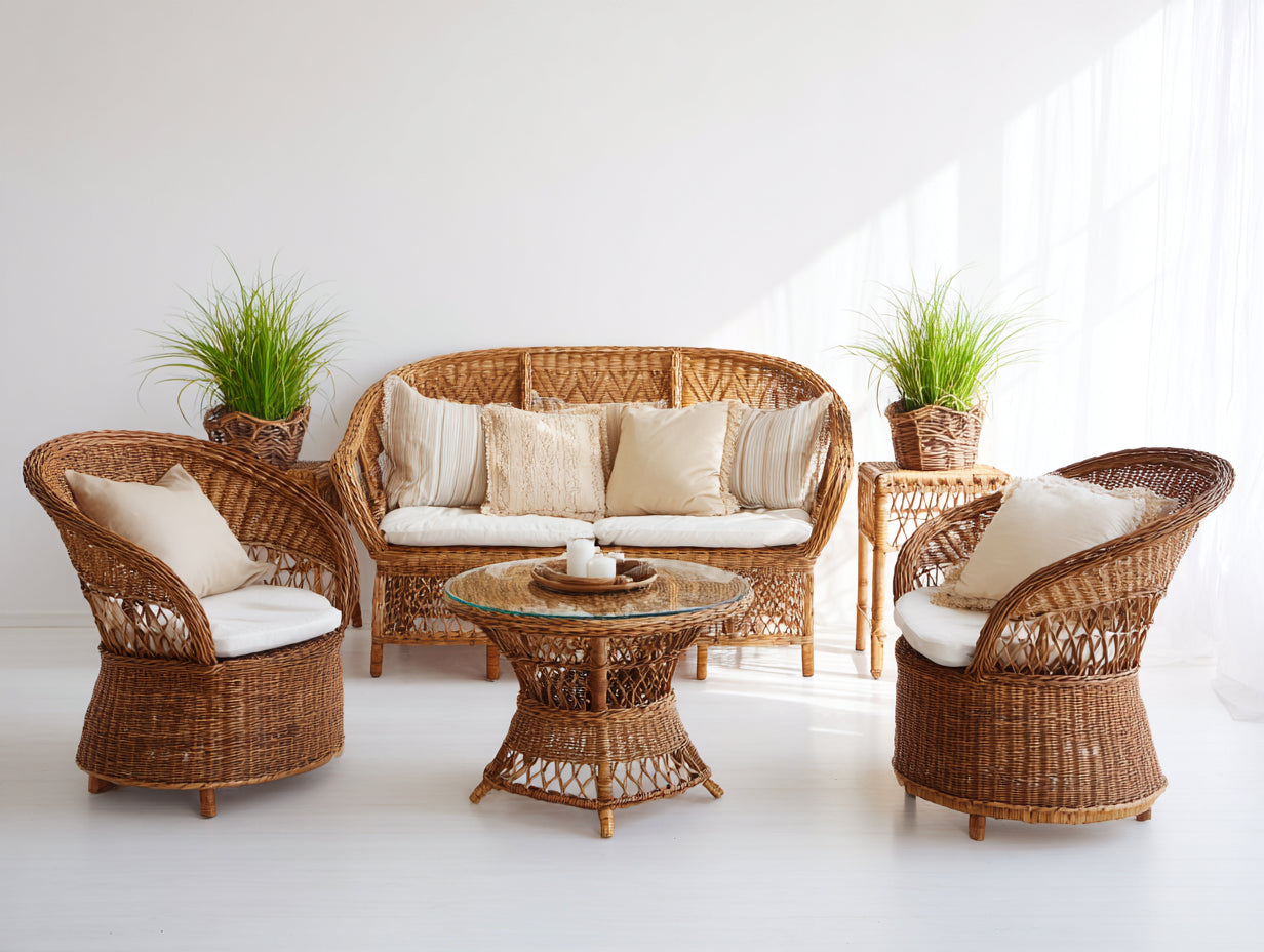 Conjunto de sofás de exterior de ratán 150x78x85 cm - Marrón y blanco - Diseño trenzado con mesa de centro