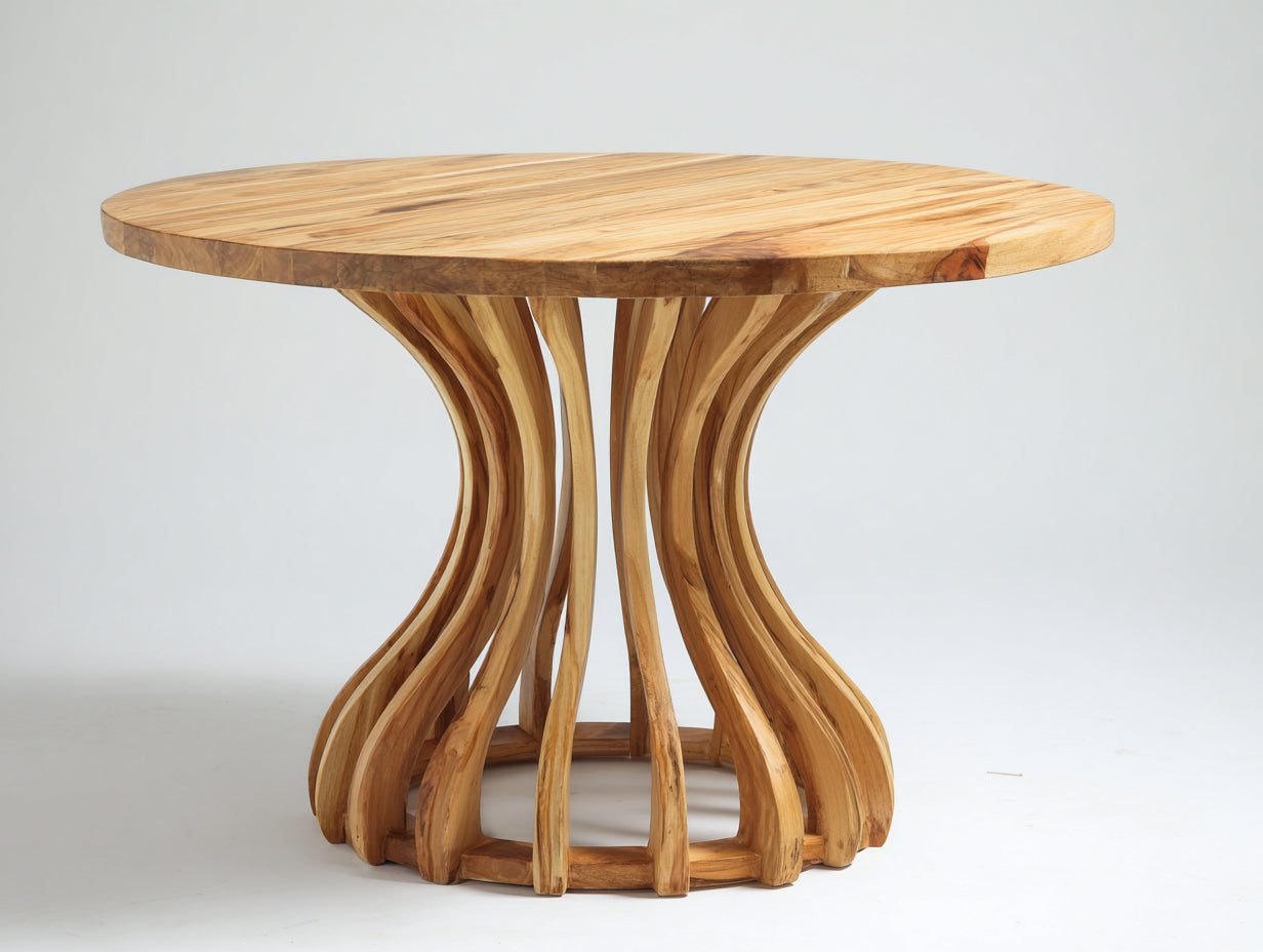 Mesa de jardín redonda de madera 120 x 120 x 76 cm - Marrón natural - Base central curvada