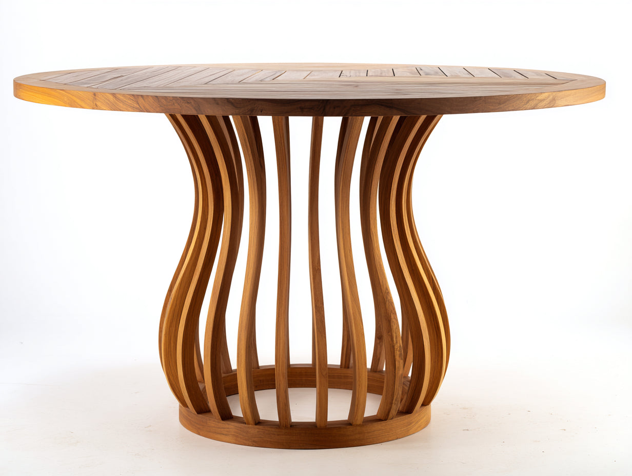 Mesas de jardín redondas de madera maciza 120 x 120 x 75 cm - Marrón - Base curvada de diseño moderno