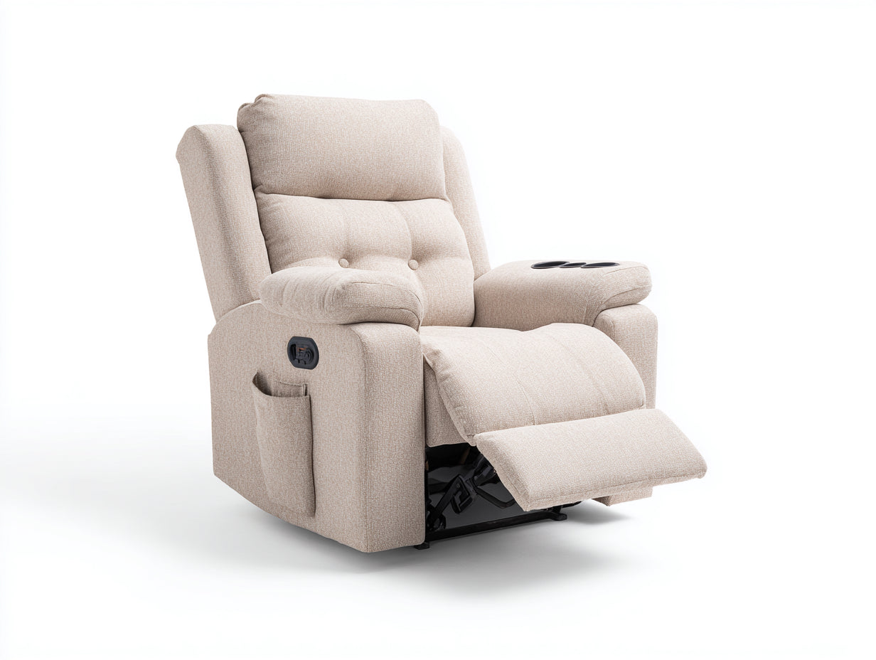 Sillón reclinable tapizado 95x98x105 cm - Beige - Reposapiés extensible y portavasos