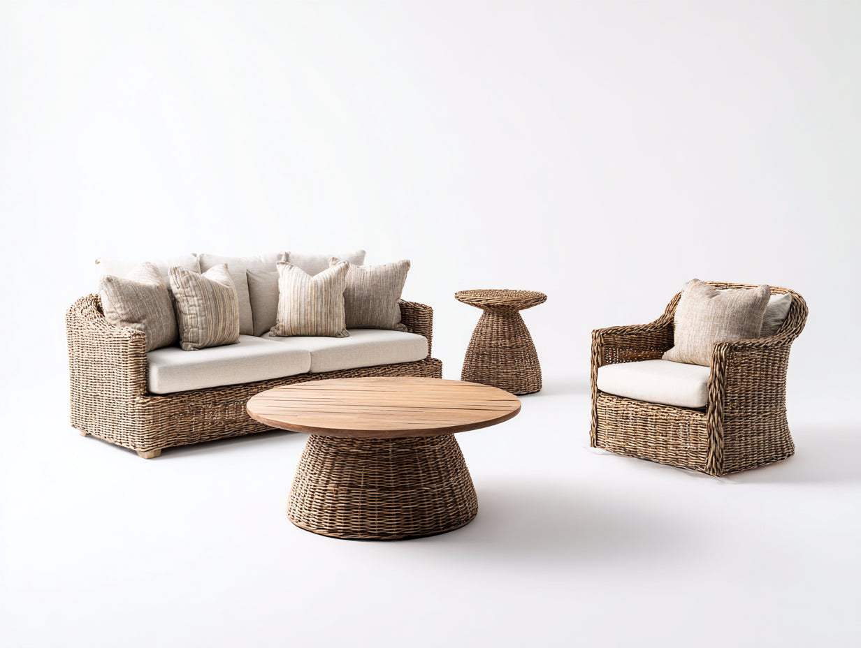 Sofás de exterior conjunto de ratán sintético con sofá de 3 plazas sillón y mesa auxiliar color beige - diseño moderno para jardín
