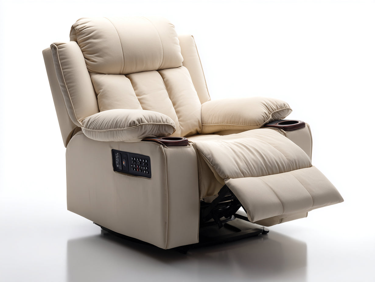 Sillones reclinables de piel sintética 100x96x106 cm - Beige - Reposapiés extensible con portavasos dobles y panel de control lateral