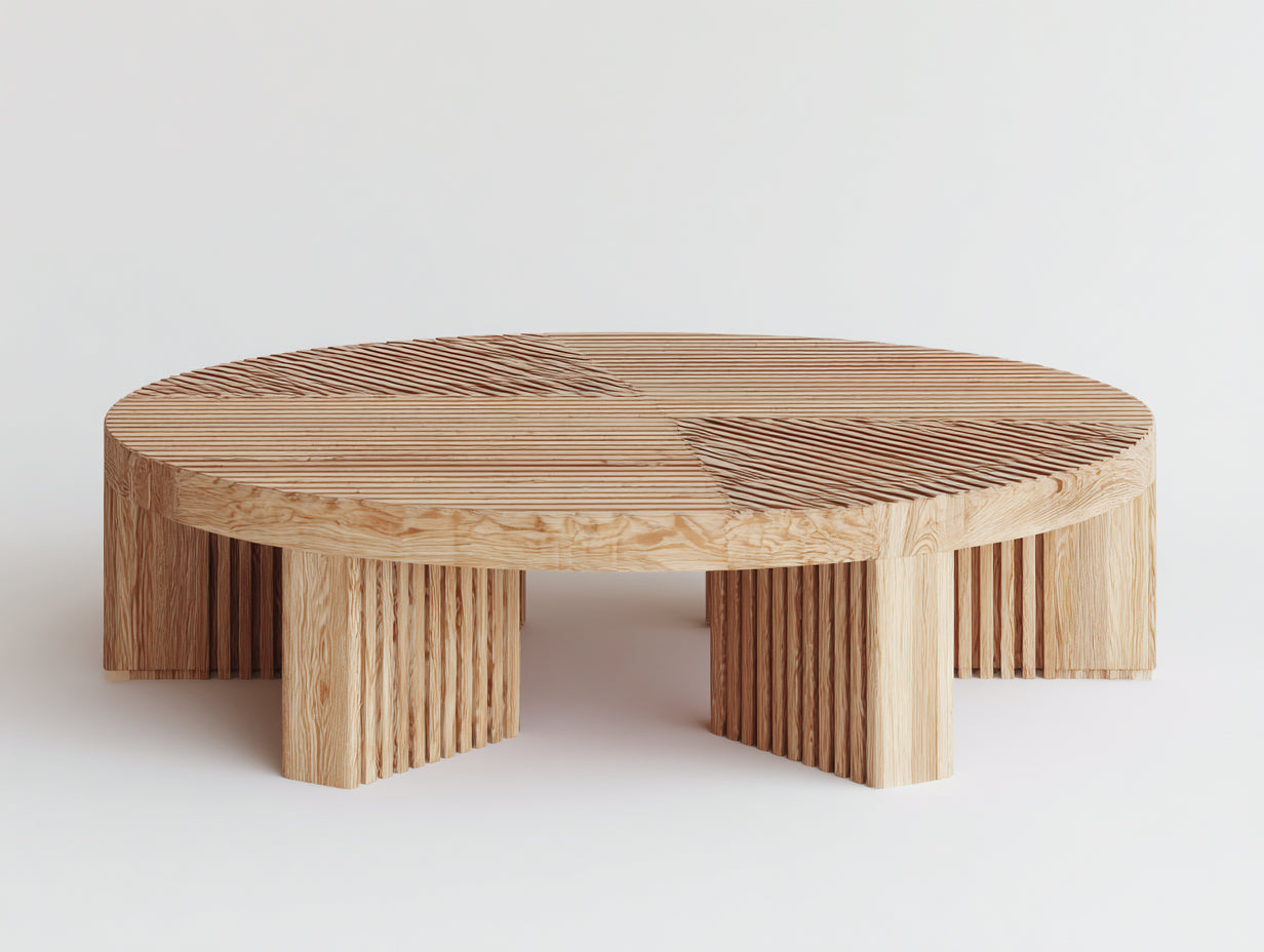 Mesas de jardín redondas de madera maciza 120 x 120 x 45 cm - Marrón claro - Diseño bajo con patas acanaladas