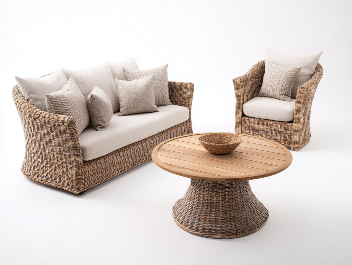Sofás de exterior de ratán sintético 210x180x85 cm - Beige-Madera natural - Conjunto de 3 piezas con mesa redonda para jardín y terraza