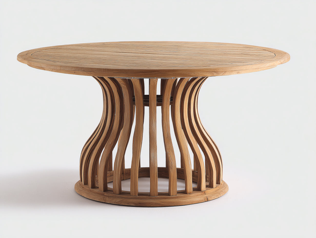 Mesa de jardín redonda de madera 150x150x75 cm - Marrón natural - Base central curvada de listones