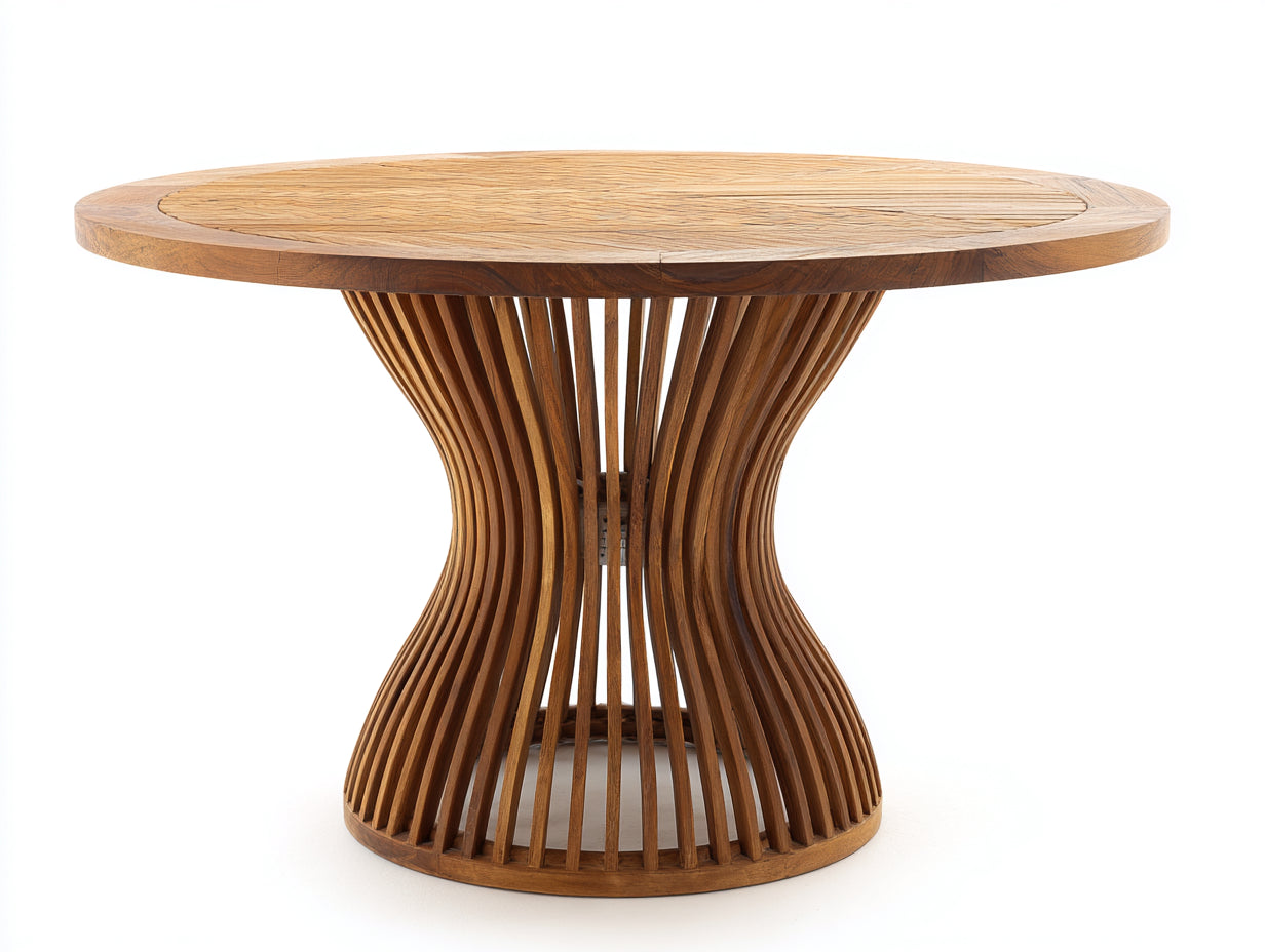 Mesa de jardín redonda de madera 120 x 120 x 76 cm - Marrón natural - Base central de listones curvados