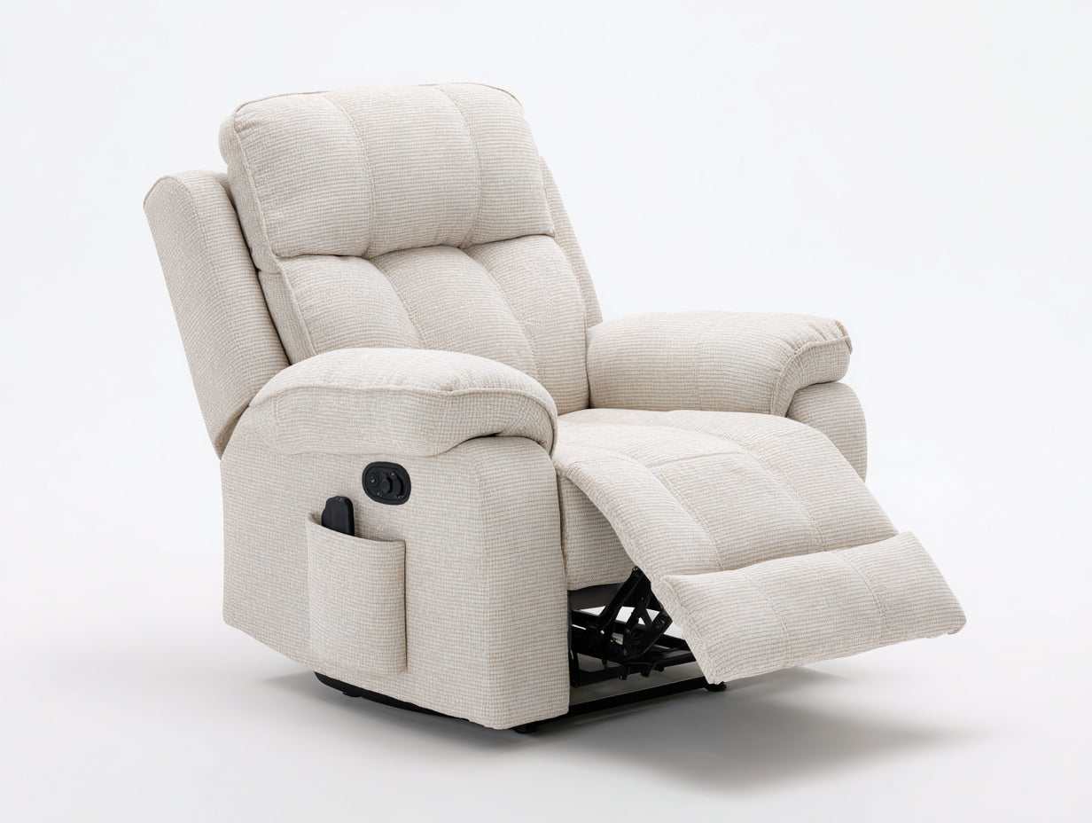 Sillones reclinables eléctricos de tela 98 x 92 x 105 cm - Beige - Reposapiés ajustable con mando y bolsillo lateral