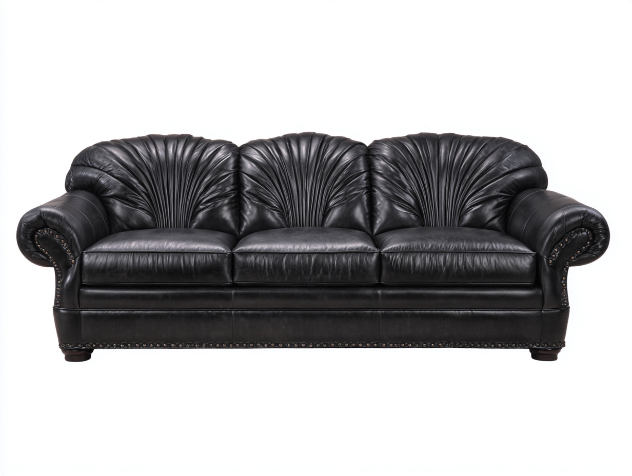 Sofá 3 plazas tapizado 225 x 96 x 92 cm - Negro - Respaldo plisado y detalles con tachuelas
