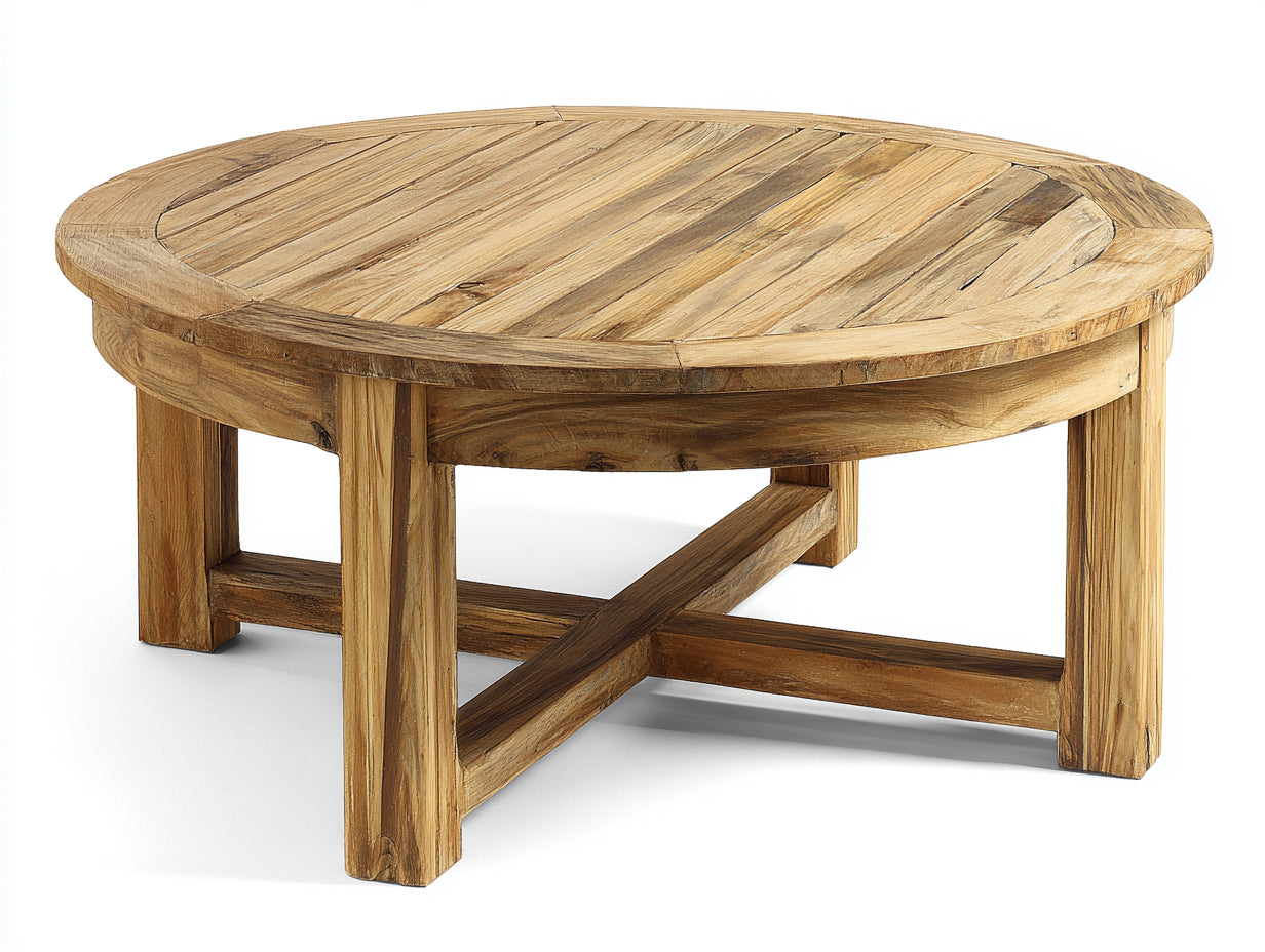 Mesa de jardín redonda de madera 120x120x45 cm - Marrón natural - Tablero de lamas y estructura reforzada