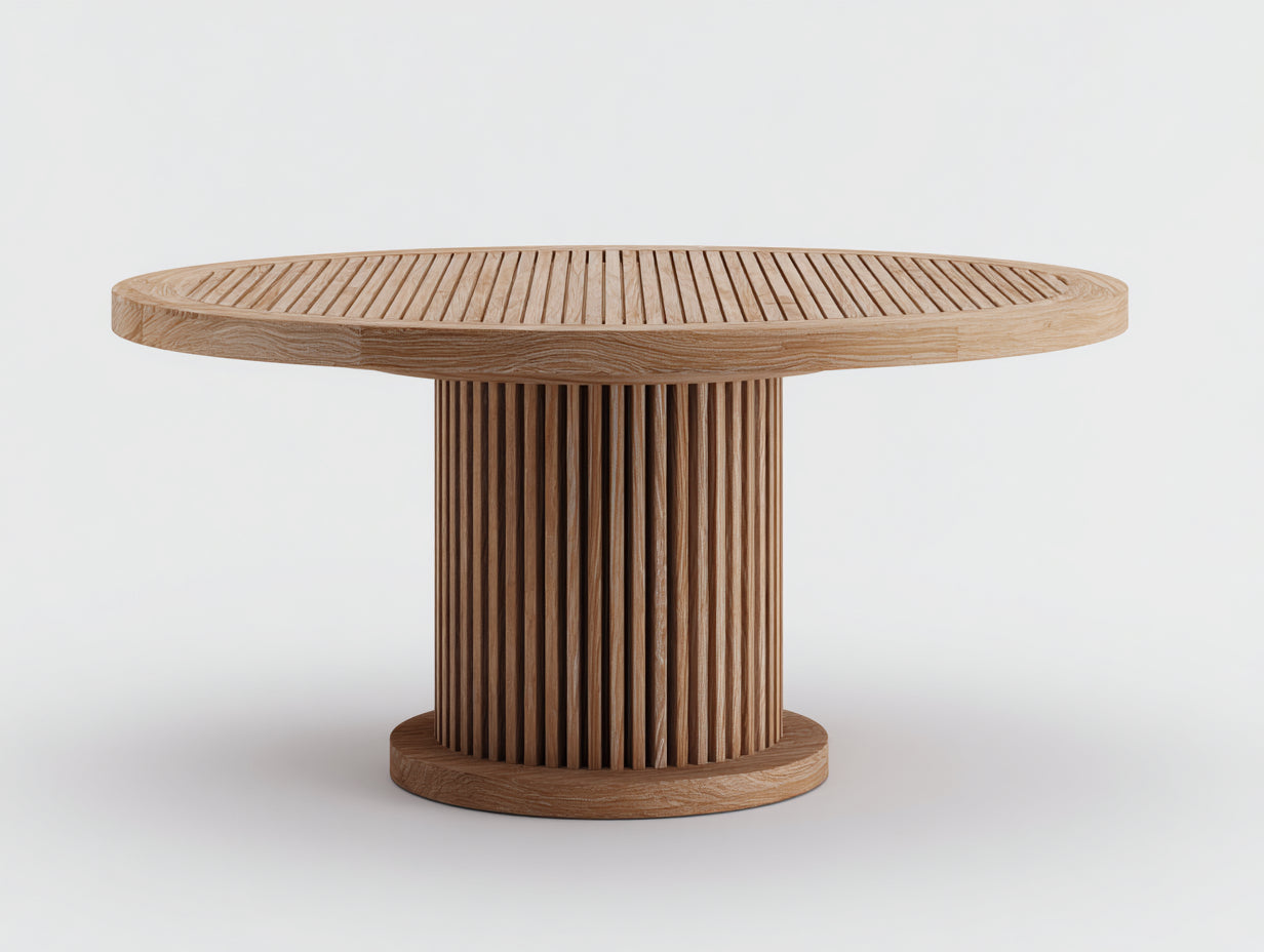 Mesa de jardín redonda de madera 140x140x75 cm - Marrón claro - Base central acanalada